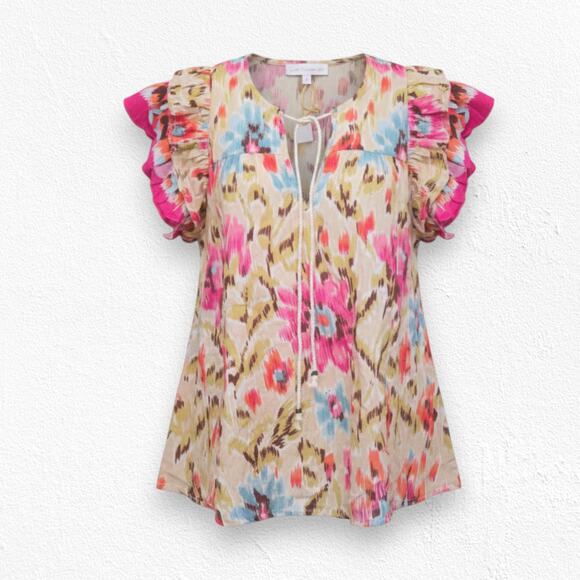 House of Harlow 1960 Tops - House of Harlow Pink Floral Zoey Khaki Floral Ruffle Sleeve Blouse Size Large